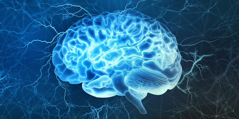 blue rendering of brain with electrical impulses to show how stimulants and the brain are connected