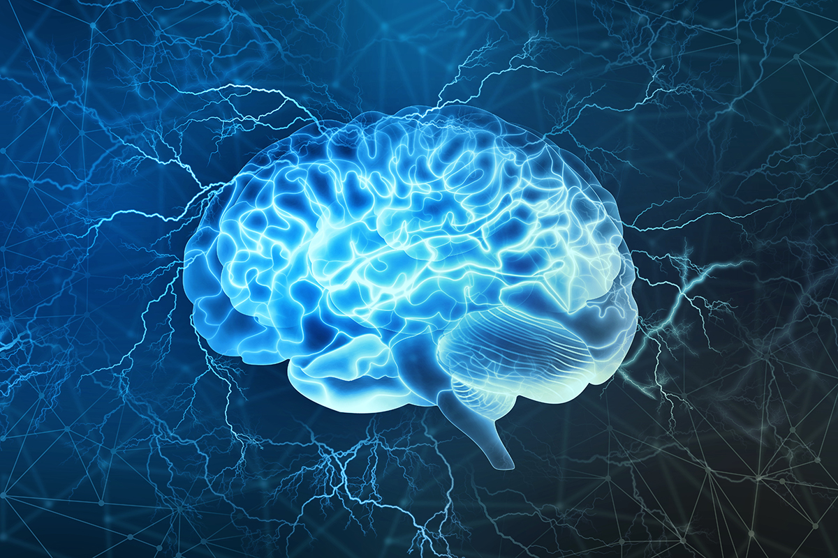 blue rendering of brain with electrical impulses to show how stimulants and the brain are connected