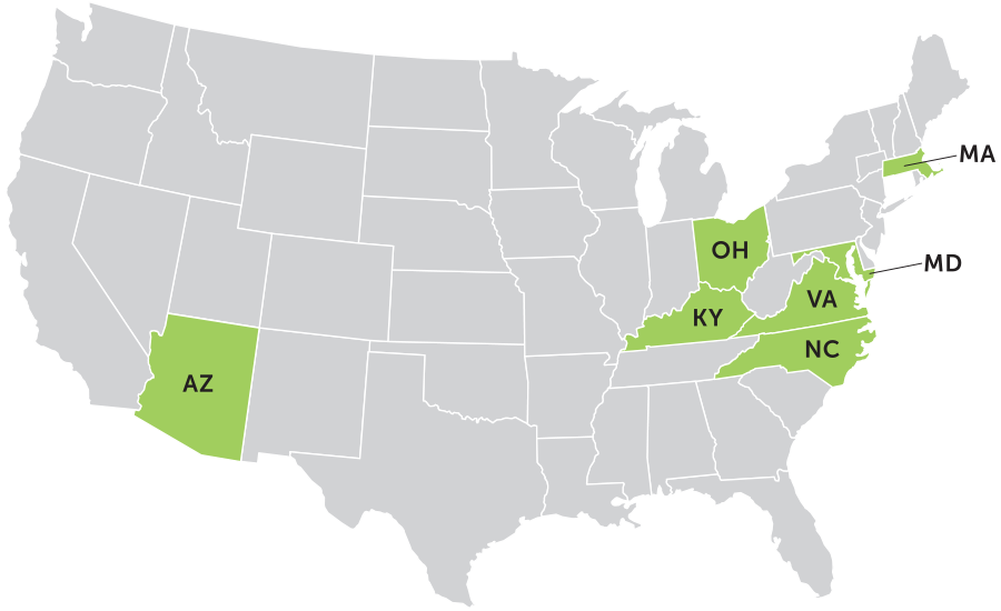 United States map with states highlighted that have BrightView centers