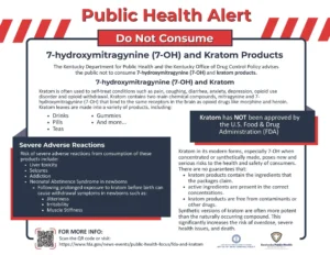 Public Health Alert from the Kentucky Department for Public Health warning against 7-hydroxymitragynine (7-OH) and kratom products, listing severe risks such as liver toxicity, seizures, addiction, and neonatal withdrawal.