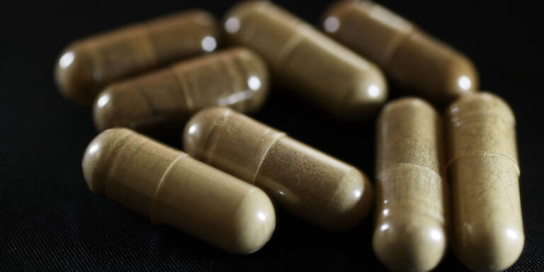 “Kratom capsules, sometimes called Gas Station Heroin, sold as a legal herbal supplement.”