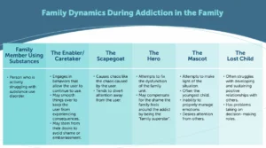 “Diagram showing five common family roles during addiction: Hero, Scapegoat, Mascot, Enabler, and Lost Child.”